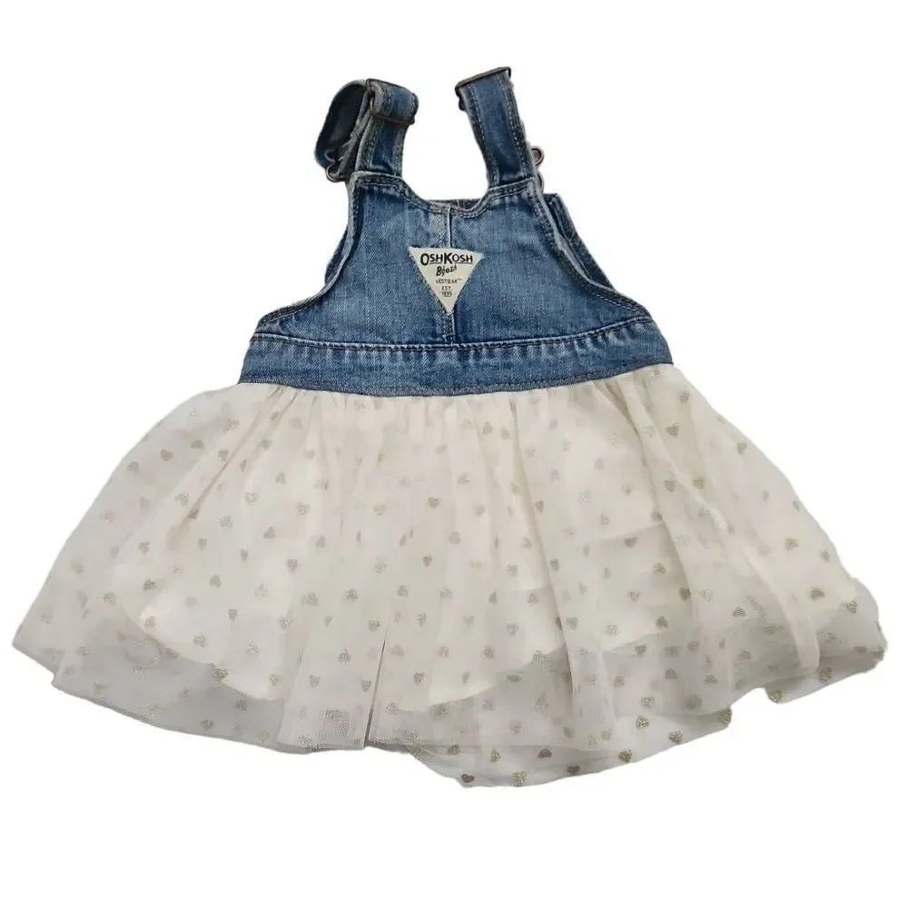 OshKosh B'Gosh Baby Gril Overall Dress with Heart Patterned Tulle Skirt - Size 9